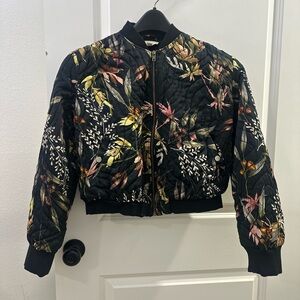 Elan Black Quilted Floral Bomber Jacket with Multicolor Print Size Medium